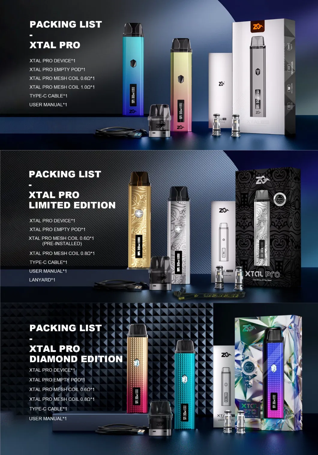 Zq Xtal PRO Diomend Switch Metal Device 3ml Empty Pod Refillable E-Cigarette Starter Kits