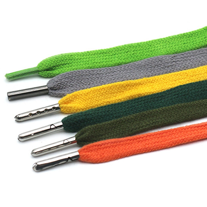 Custom 10 mm Wide 100% Cotton Tubular Hollow Shoe Lace Braided Flat Shoelace Metal Tips Aglet Plastic Tips