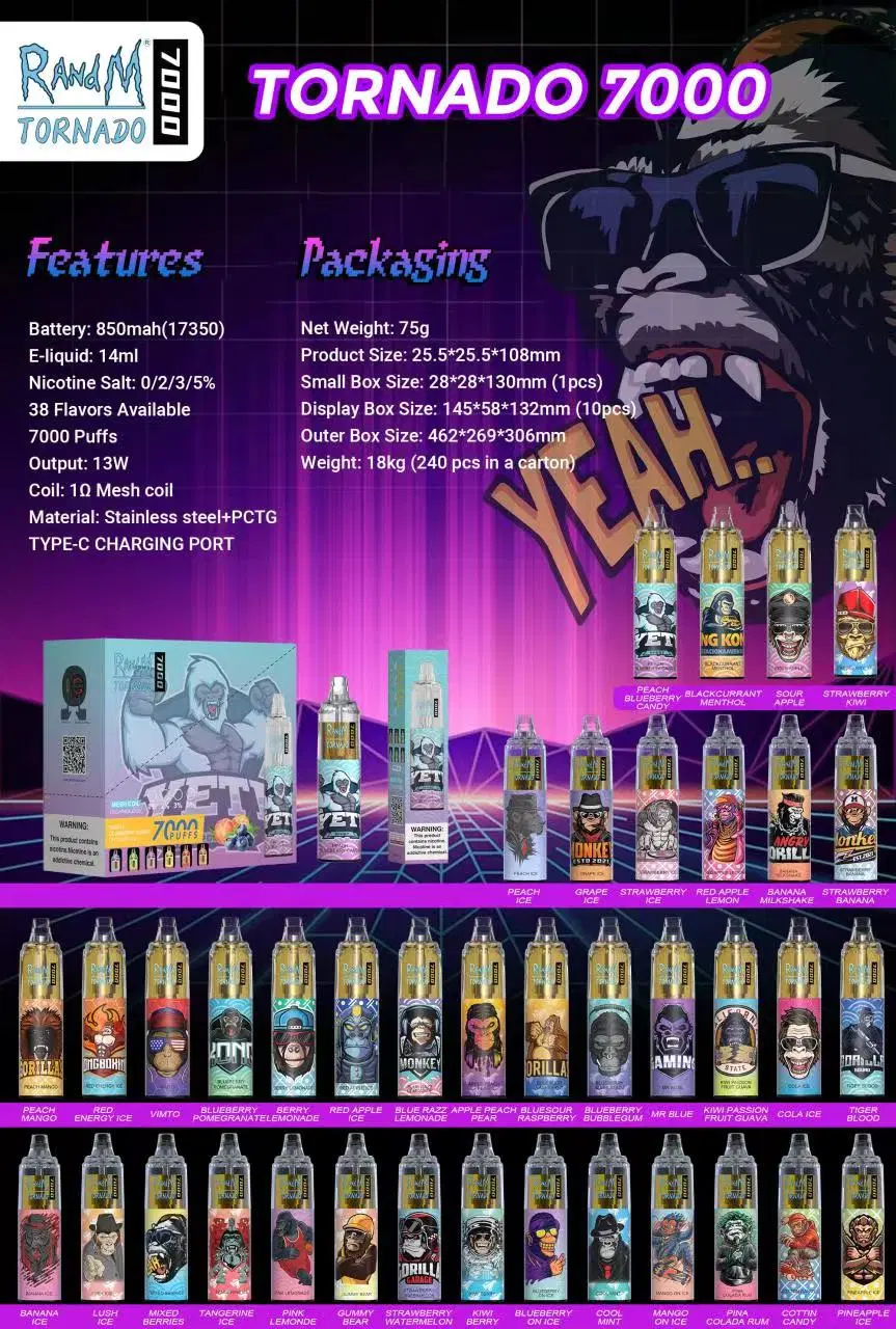56 Regular Flavors Original Randm Tornado 7000 Puffs Disposable Vape Pen 2% &amp; 5% Flashing RGB Tank Design 850mAh Type-C Rechargeable Disposable Mini E-Cigarette