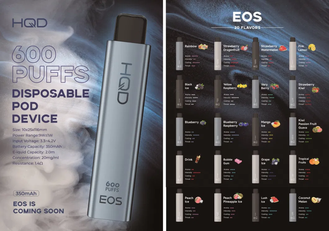 2023 Hqd EOS 600puffs 350mAh 2ml Disposable Electronic Cigarettes Best-Selling Vape