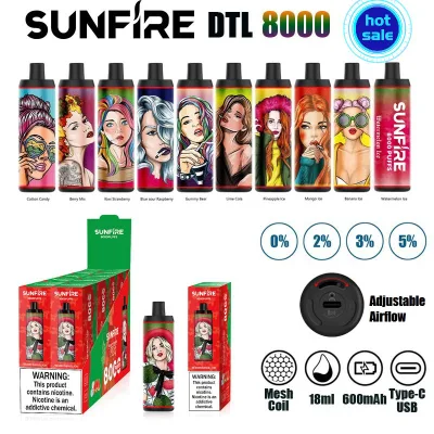 Mayorista DTL auténtico desechable E Cigarette Sunfire 8000 Puff 9000 VAPE Pen con batería recargable 18ml carros precargados 0% 2% 5% 3% Fruit Flavors Pod Kit
