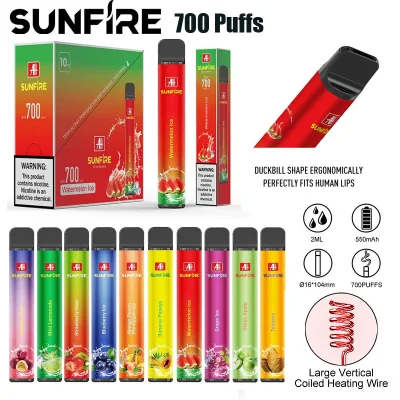 Original Alibaba Sunfire Tpd 700 inhalaciones de Vape desechables precargadas 2ml Vape Dispositivo Pen cigarrillo electrónico luz inferior vaporizador 600 700 inhalaciones de suministro de fábrica