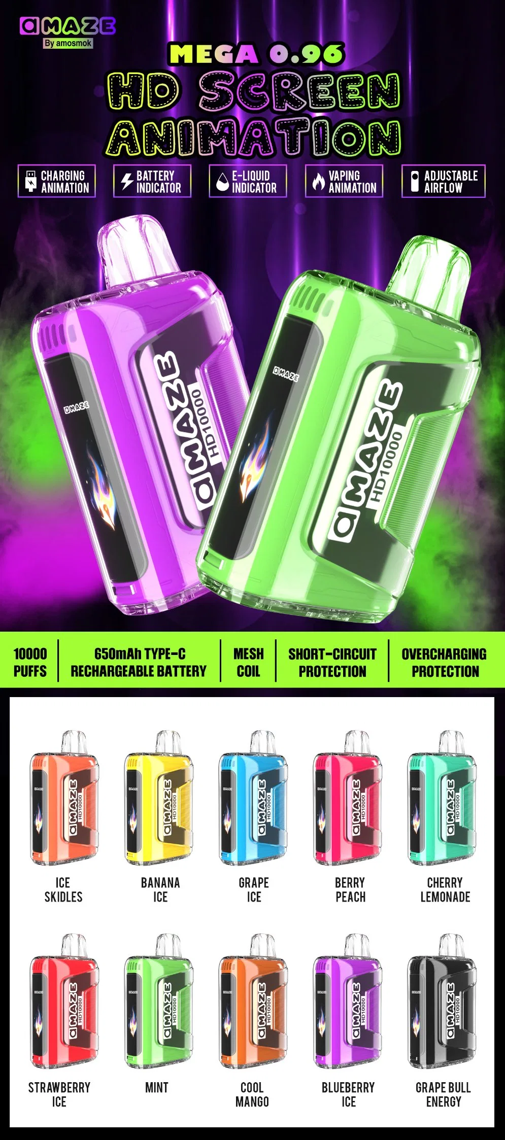 Hot Sale Fruits Flavor Disposable LED Digital Screen E-Cigarette Rechargeable Disposable Vape