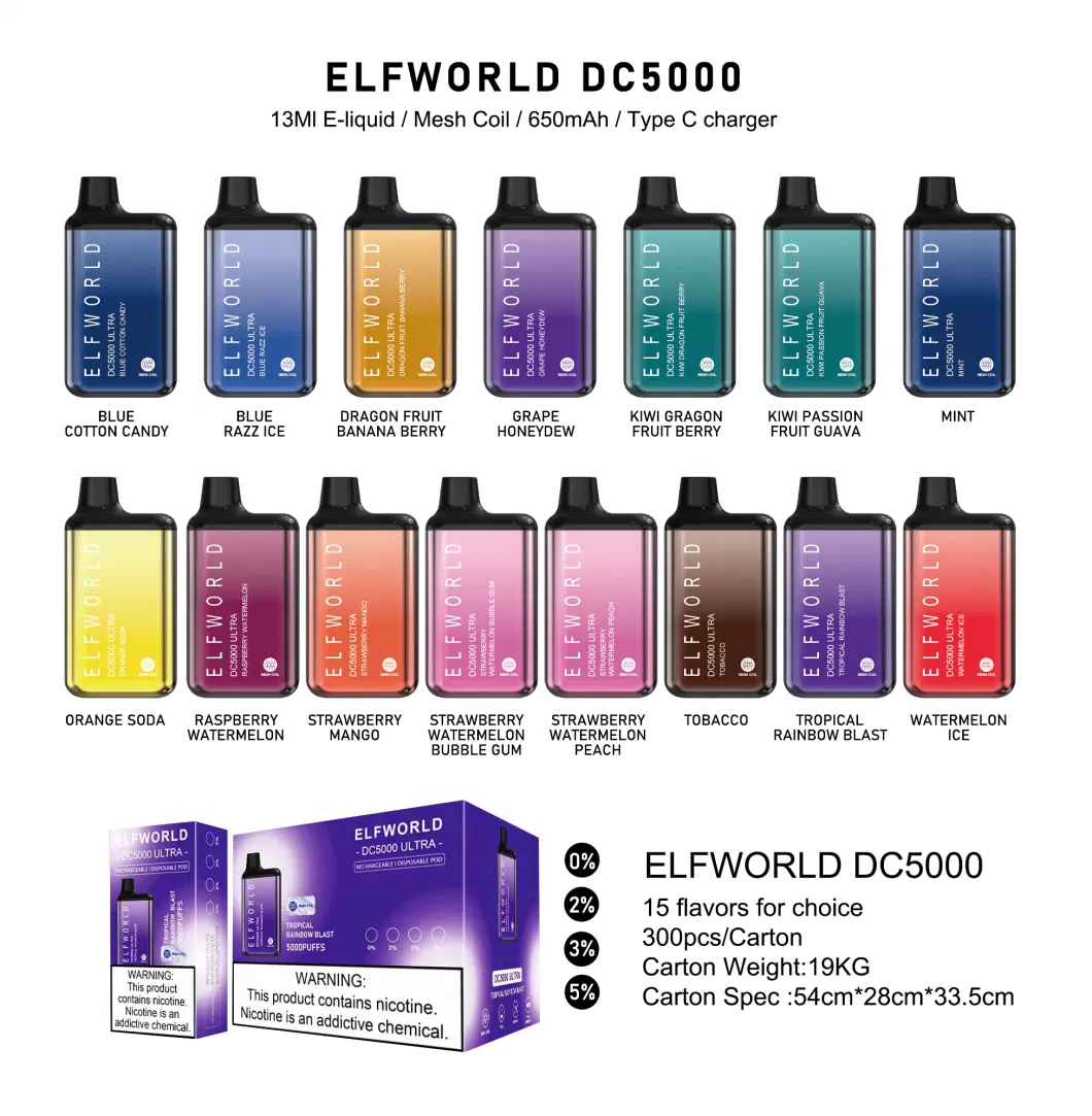 Elfworld DC5000 Bc5000 Mr5000 Puffs Disposable Pod Kit E Cigarette with Rechargeable 600mAh Battery 13ml Prefilled Carts Vape Pen Vs Mrvi Bar Factory