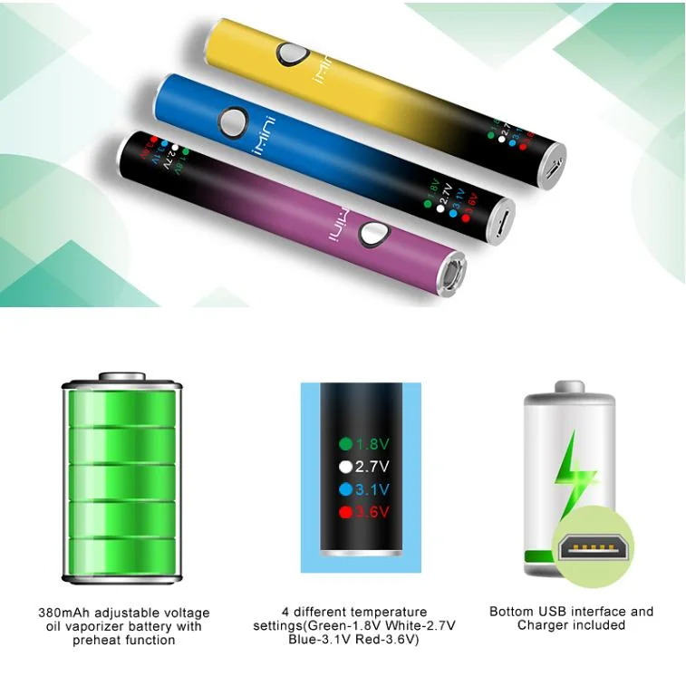 Wholesale High Quality Preating Rechargeable Vape Battery 380mAh 510 Thread D8 Thick Oil Vape Battery