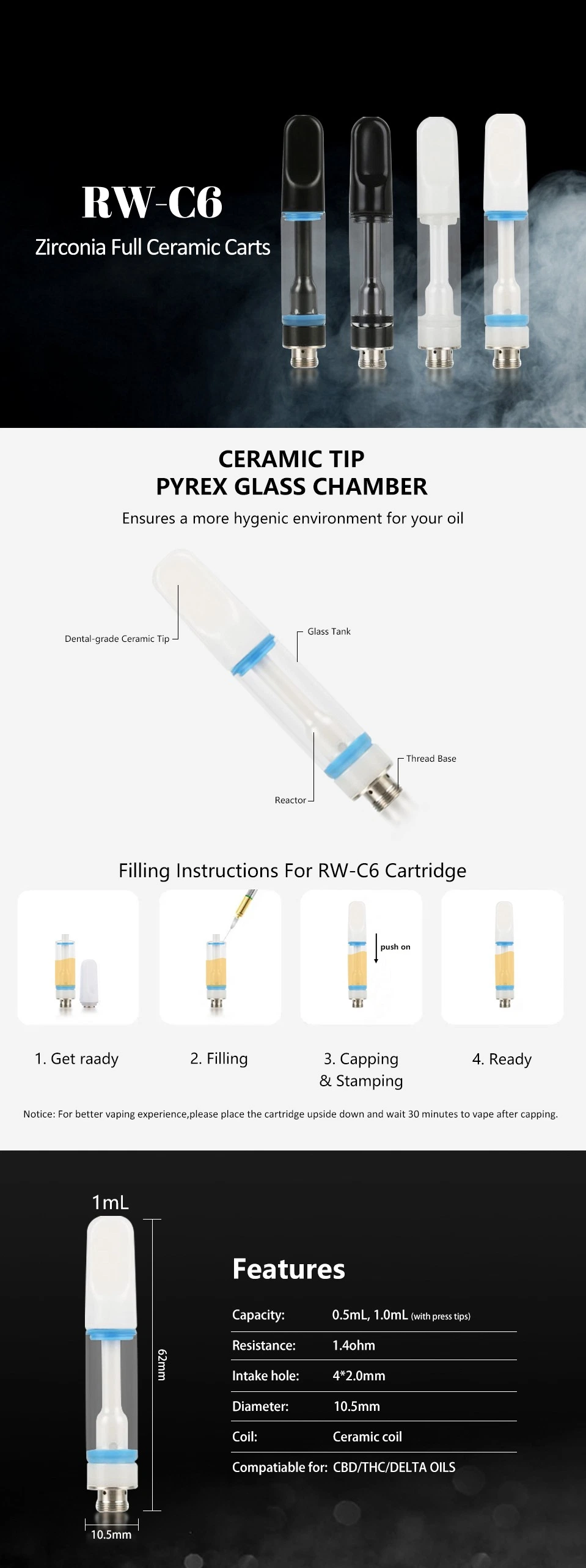 RW-C6 0.5ml 1.0ml Full Ceramic Carts Hhc 510 Atomizer Empty Vape Cartridge