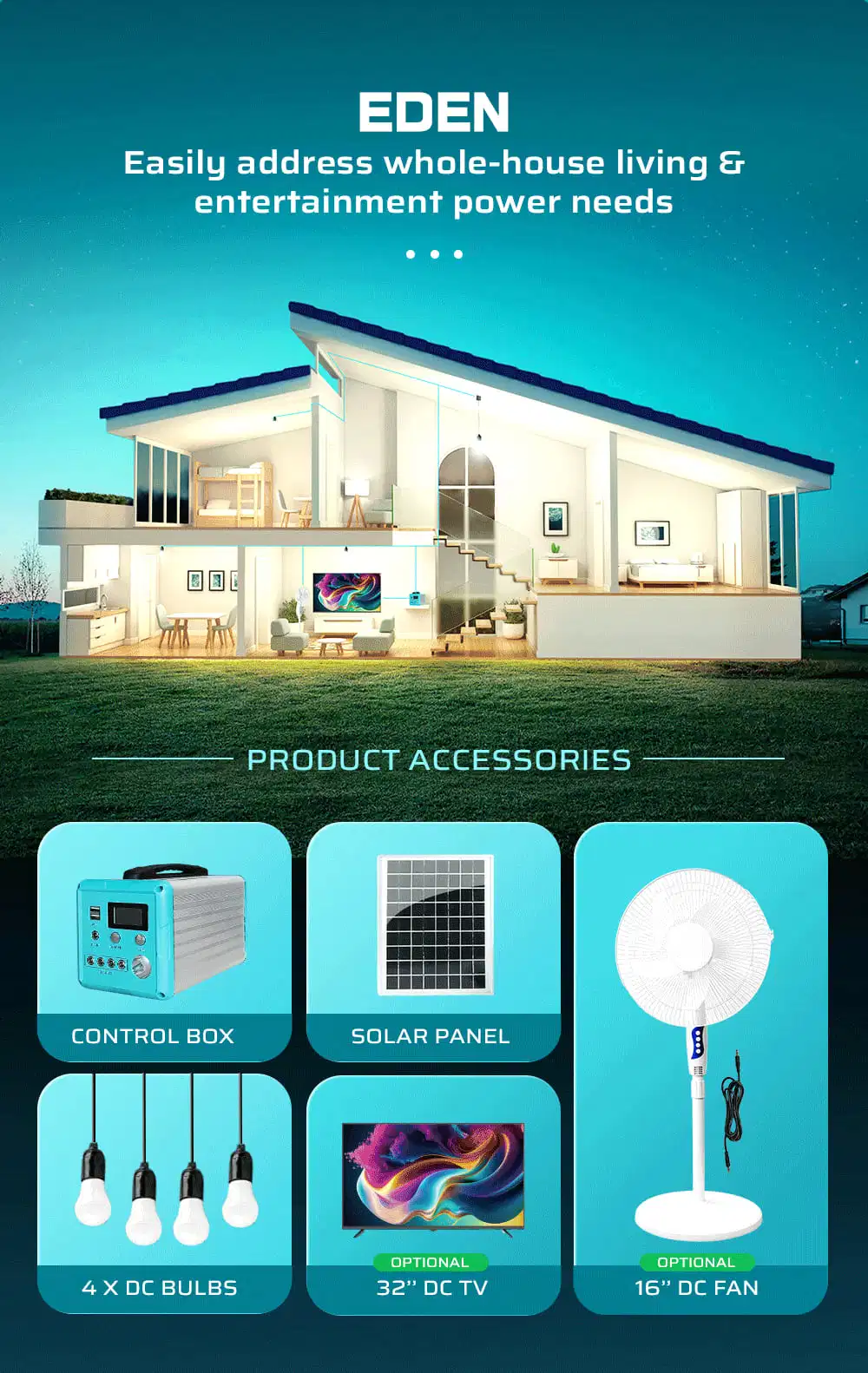 Solar Home System with Fan and LED Light USB Charging for Home Outdoor Camping