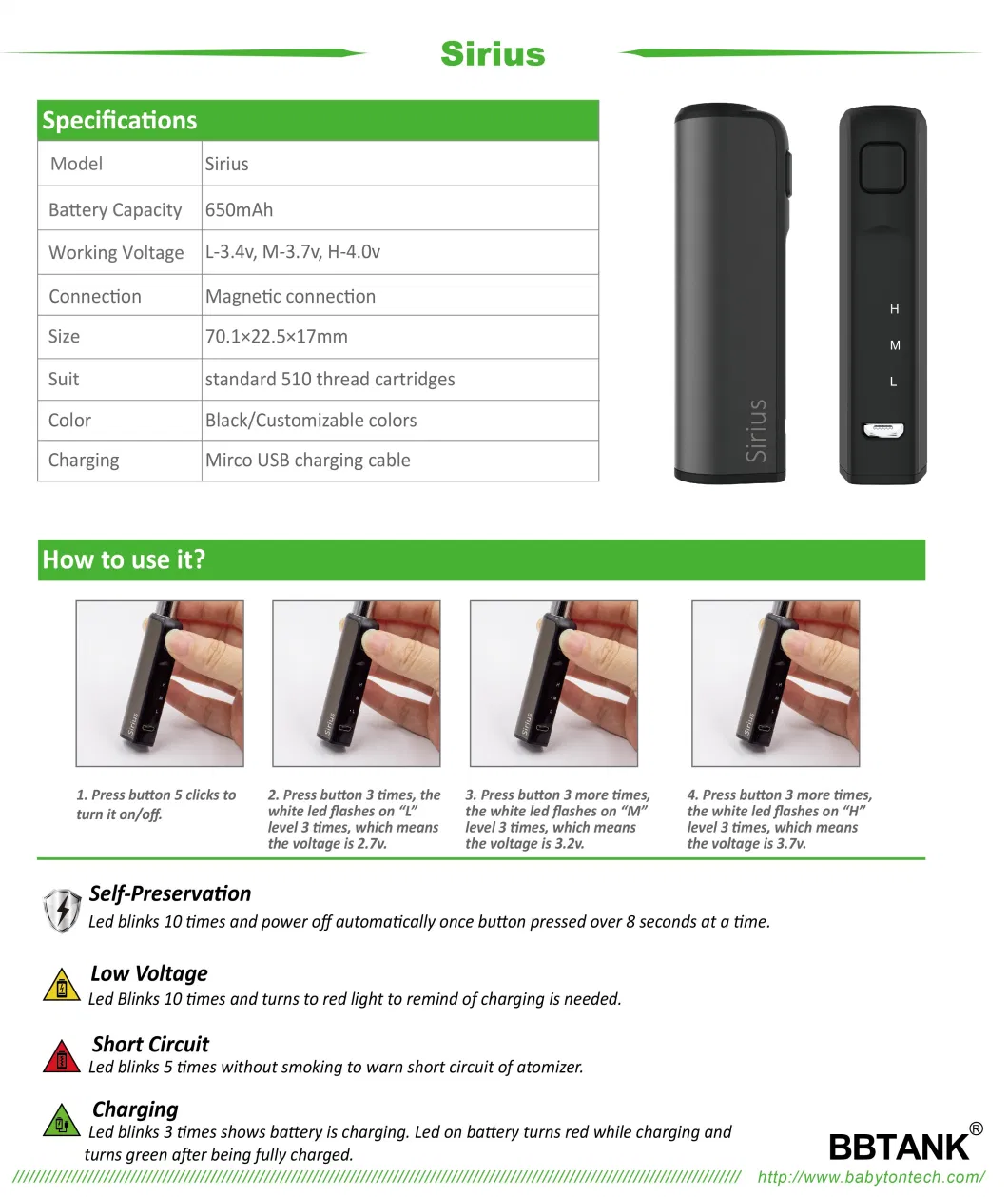 Vape Battery for Cartridges 510 Thread with 3 Different Voltage Settings Tank Rechargeable Battery 530mAh Battery