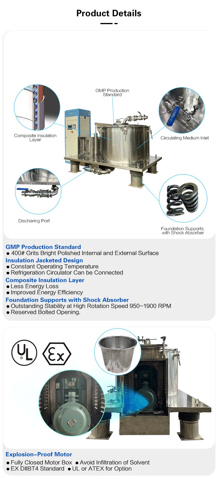 Industrial Scale Low Temperature Alcohol Extraction Hemp Oil Jacket Platform Basket Centrifuge