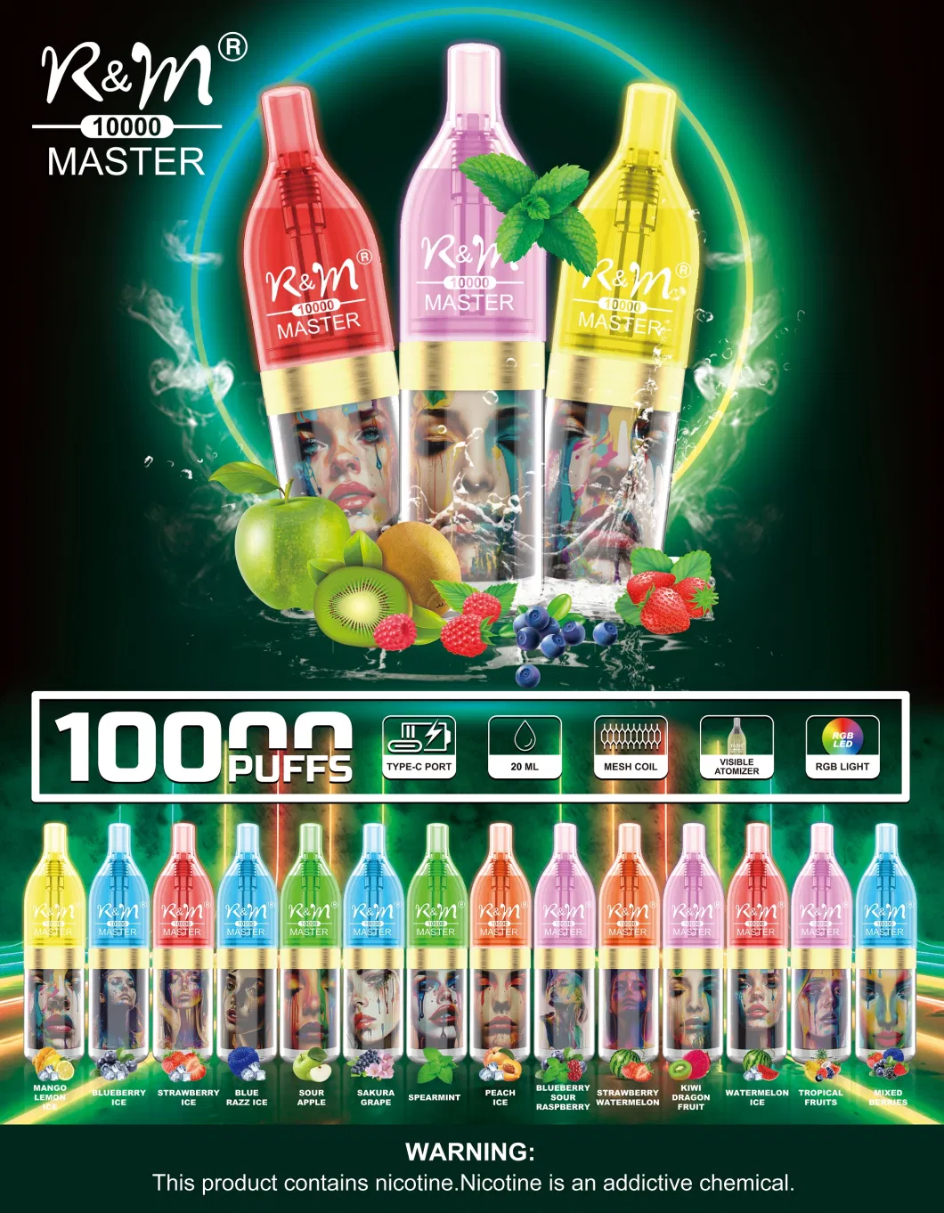 R and M Master 10000 20ml E Liquid 10000 Puffs with RGB LED Light Mesh Coil Disposable Vape Pen Wholesale