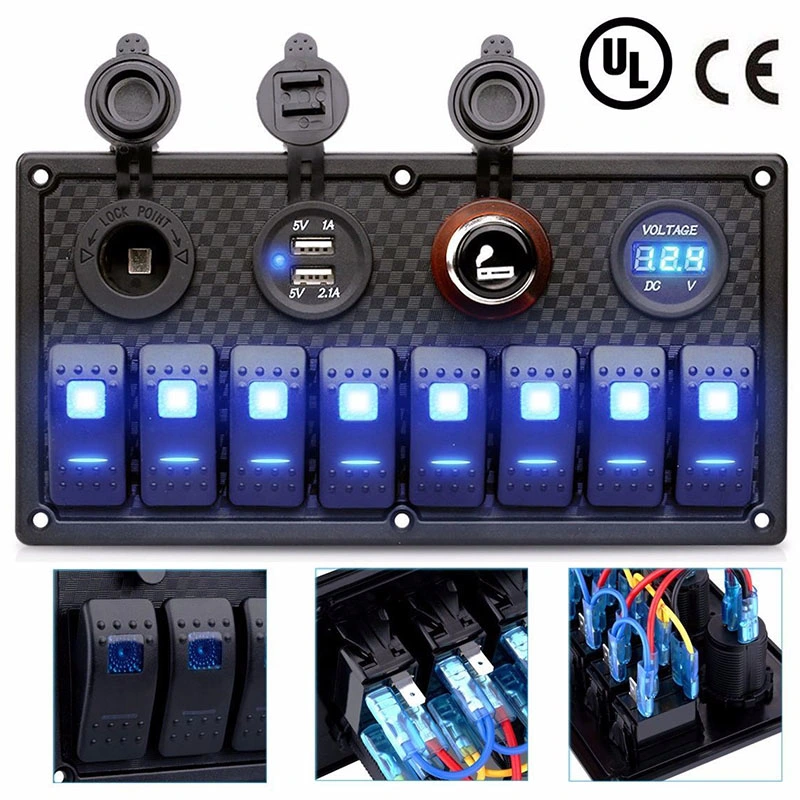 8 Gang Rocker Switch Panel Circuit Breaker Cigarette Lighter Socket