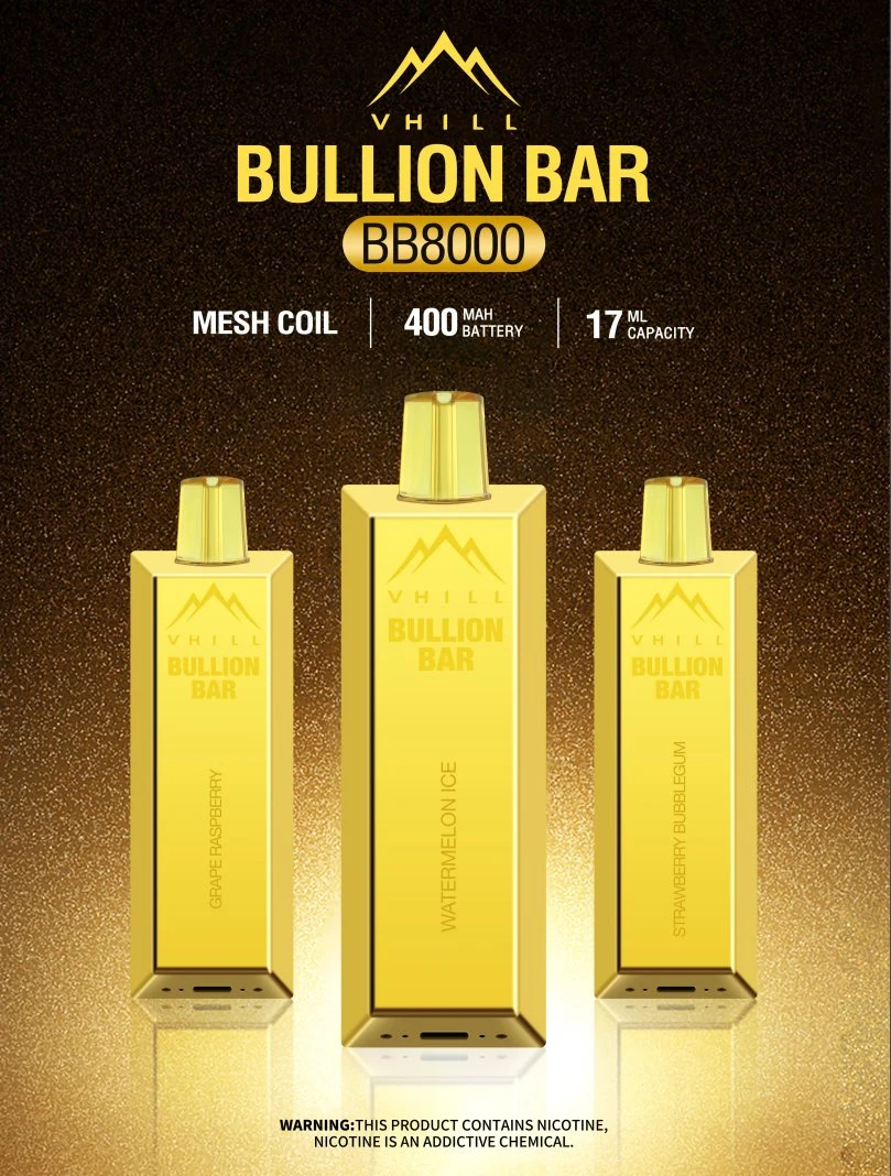 Riginal Vhill Bullion Bar 8000 Vape Pen Pod Kit Bar Gold Bar E-Cigarette Type-C Rechargeable Multi-Flavors Built-in Rechargeable Battery Vaporizer Factory