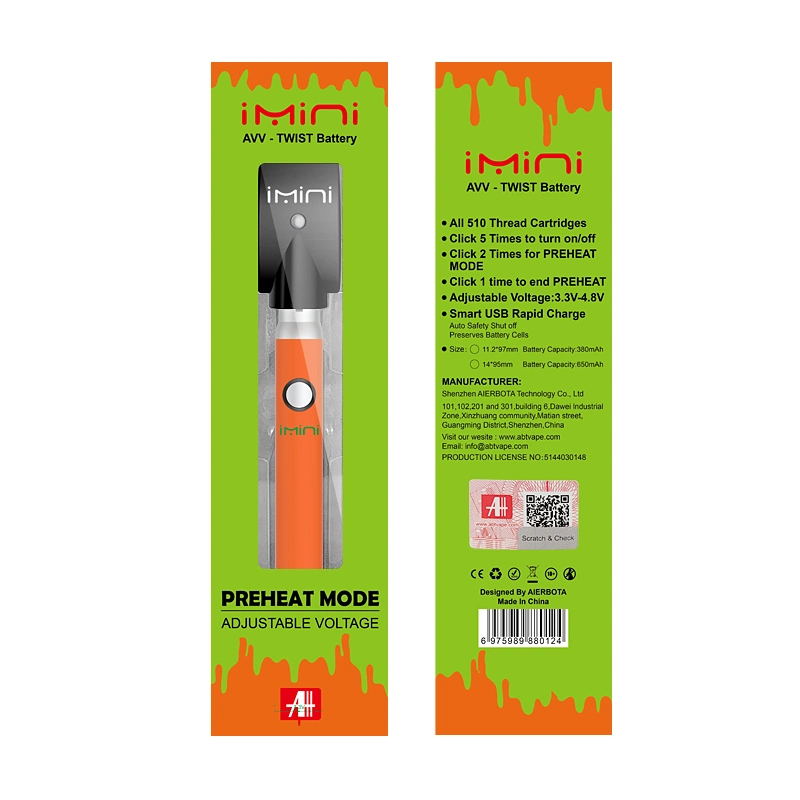 OEM Rechargeable Battery 510 Tread Disposable Vape Pen 350mAh Imini Avv Twist Battery for Thick Oil Cartridges
