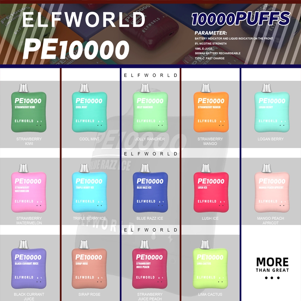 Elfworld PE 10000 Puffs Mesh Coil Charging: Type-C Factory Direct 18ml Pod E-Liquid Rechargeable Disposable Vape Pen