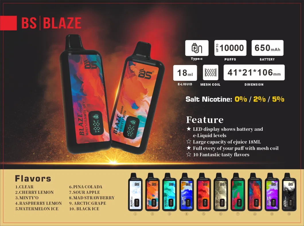 BS Blaze 10000 Puffs Wholesale E-Cigarette Disposable Vape Pod 18ml Premium Liquid 10 Different Flavors 0% 2% 5% Nic Available Tornado 7K