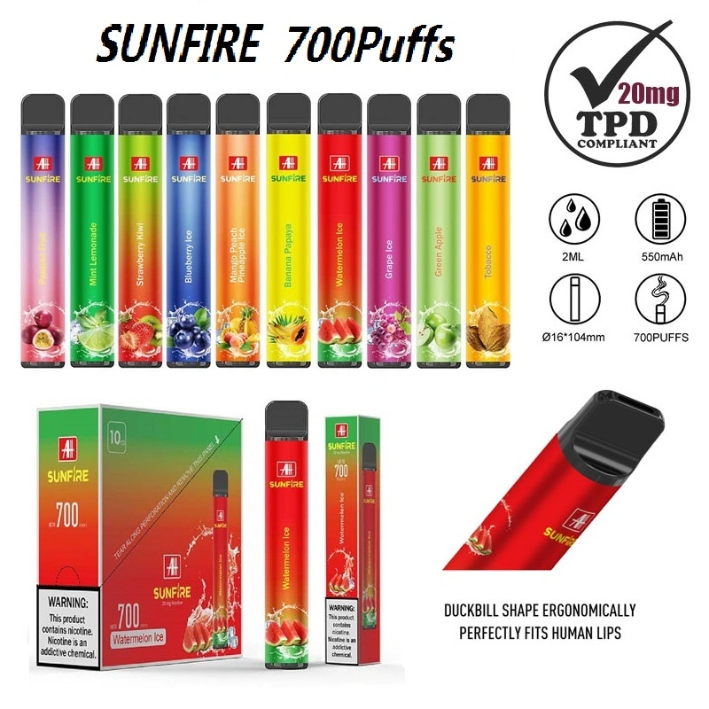 Hot Sell Sunfire 700 Puffs Disposable Vape Sunfire Vape Pen 2% Nicotine Disposable Vape Electronic Cigarette 700 Puffs 10 Flavors Tpd Certificate in UK Europe