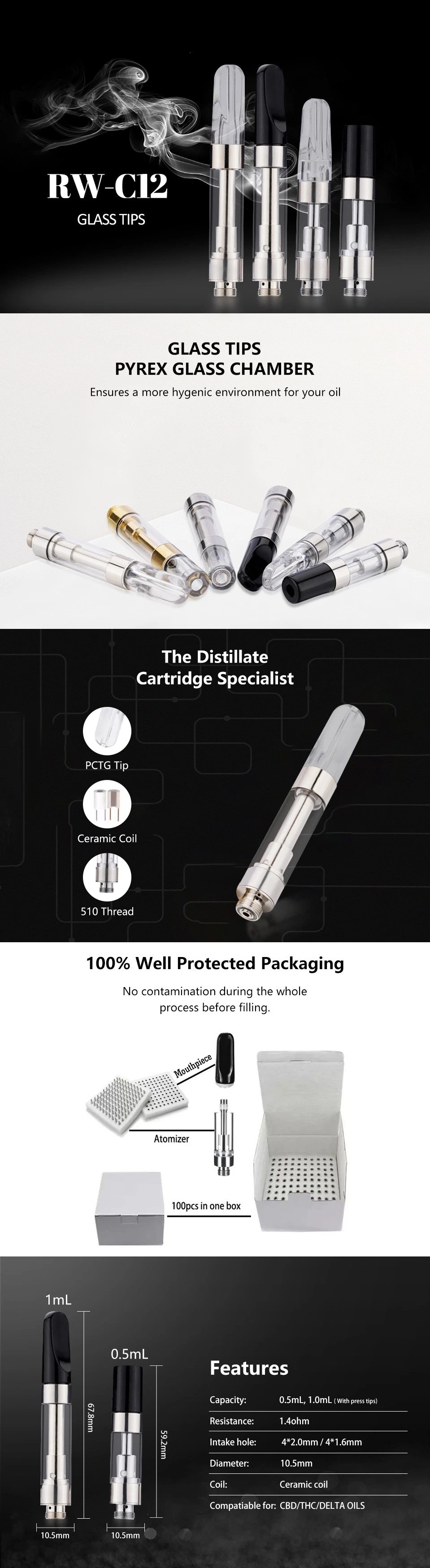 RW C12 New Style Carts Disposable Vape Pen Ceramic Coil Disposable 510 Vaping cartridge