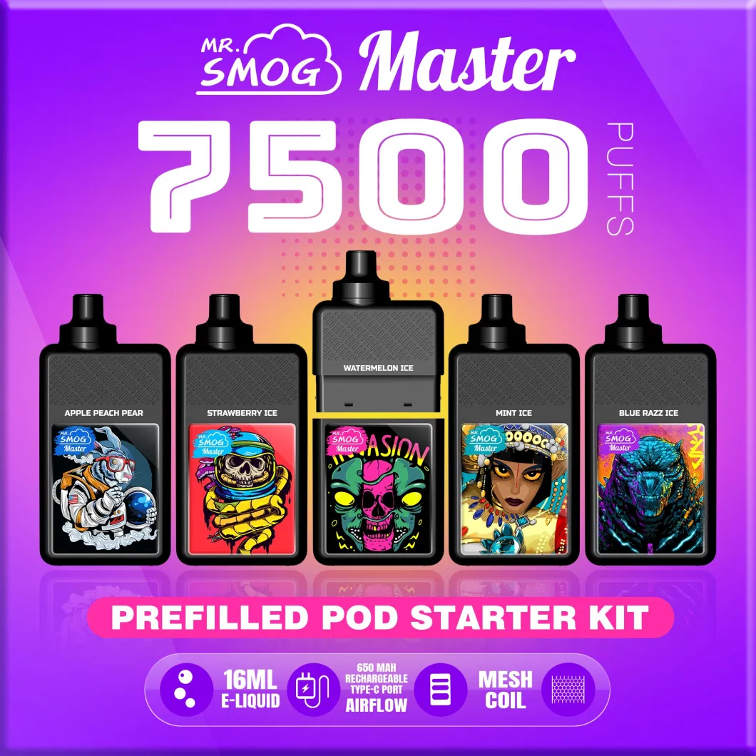 Electric Hook Prefilled Pod Starter Kit Mr Smog Master 7500 6000 5000 Puffs Mesh Coil Fruits Flavors Wholesale Disposable Vape Pen Refill Vaporizer Wape