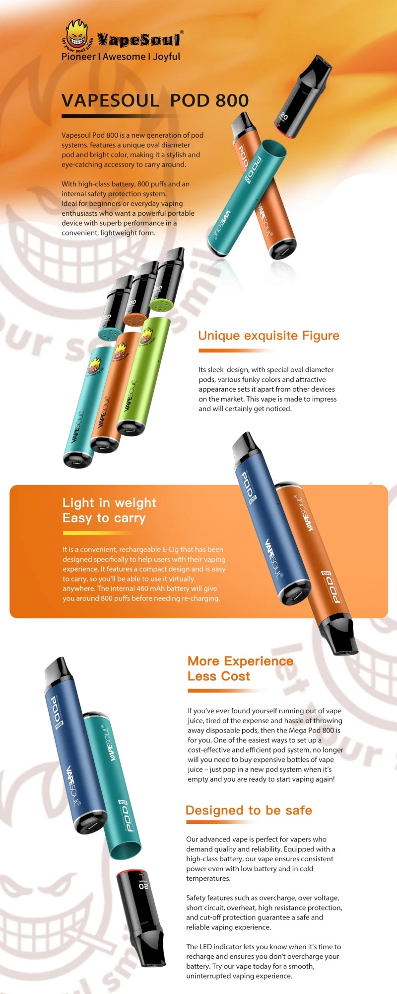 Vapesoul Disaposable Vape E Cigarette Starter Kits 0%/2%/5% Nicotine Wholesale I Vape 600 800puffs Pen Style Vaporizer Hookah