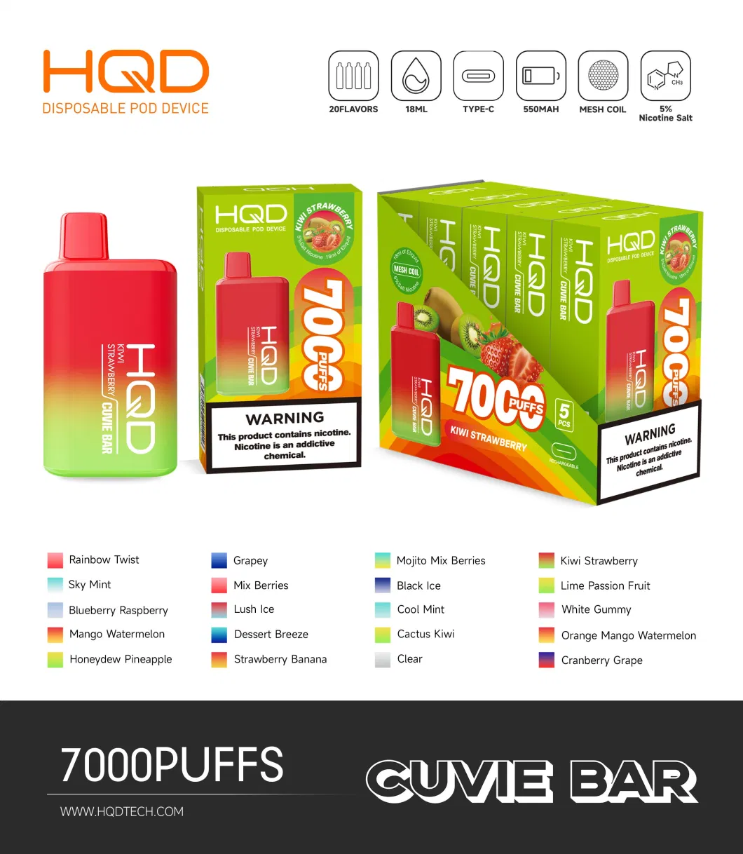 2024 Hot Seller Hqd Cuvie Bar 7000 Puff Disposable Vape Wholesale Mesh Coil