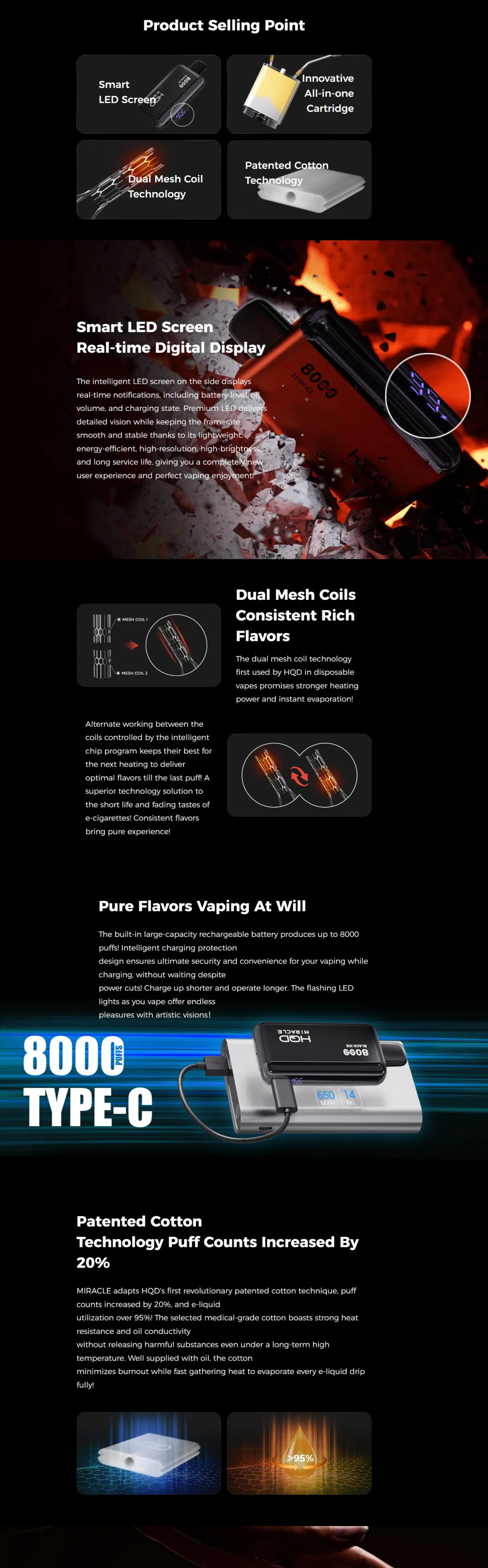 8000puffs Hqd Miracle Smart LED Screen Disposable Vape Wholesale E Cigarette 2% 5% Best Tastes E Hookah Charger