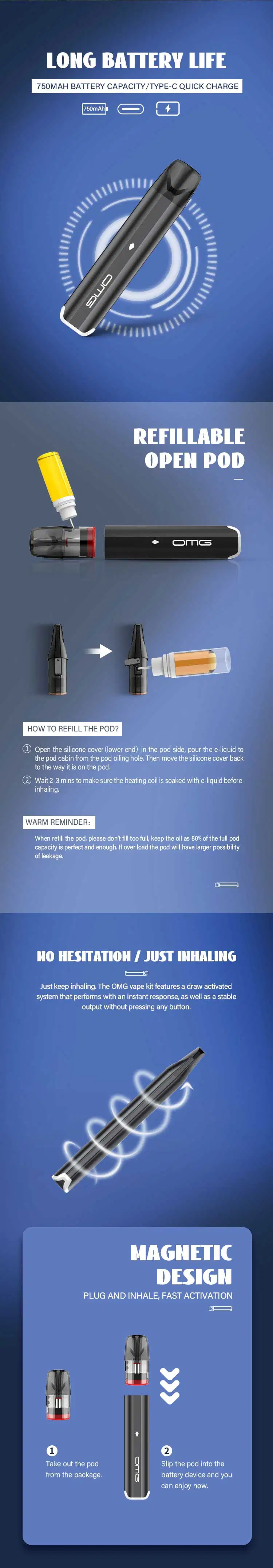 Hot E-Cigarette Bysoul Closed Pod System Vape Pen Refillable Pod Kit