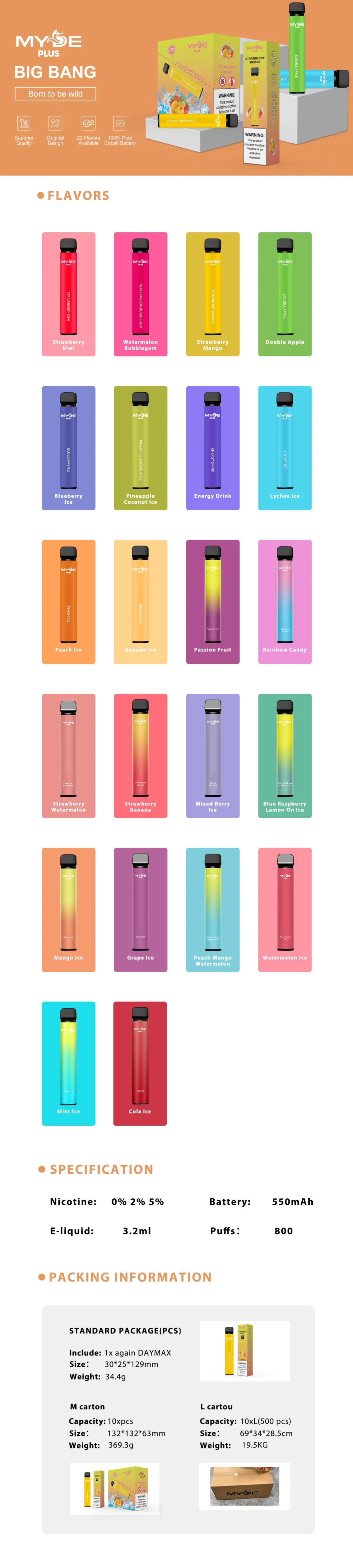 Wholesale Vape Original Myde Plus 800 Puffs Disposable Vape E Cigarette