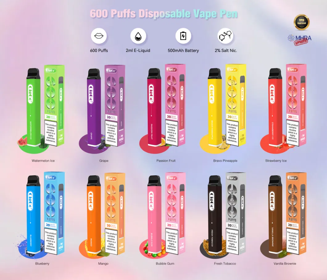 E-Cigarette Starter Kits Tpd Approved 2ml Disposable Vape Pen 600 Puff Bar Vape