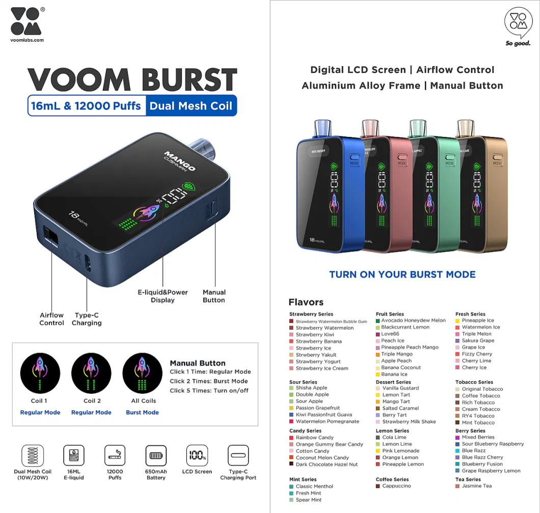 Free Sample Wholesale E Cigarette Certified Factory Voom 12000 Puffs Vgod E-Liquid Flavor Digital Screen LCD 2024 New Design Amazon Price Wape Disposable E Vape