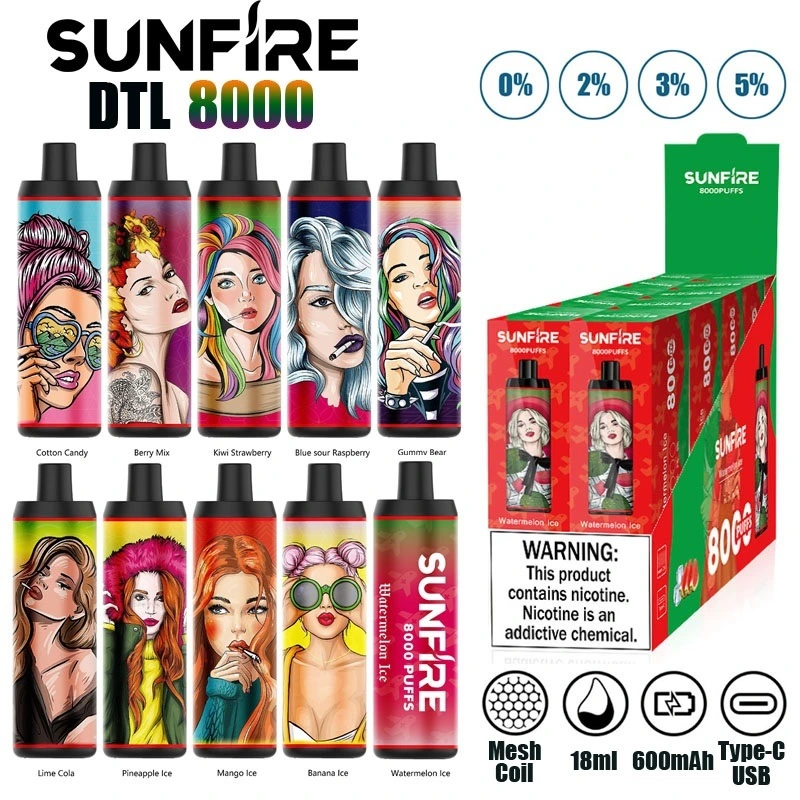 Original Sunfire 8000 Puff Disposable Vape E Cigarettes Rechargeable Electronic CIGS Puff 8K 0% 2% 3% 5% France Japan 9000 10K 12000 Puff Vape