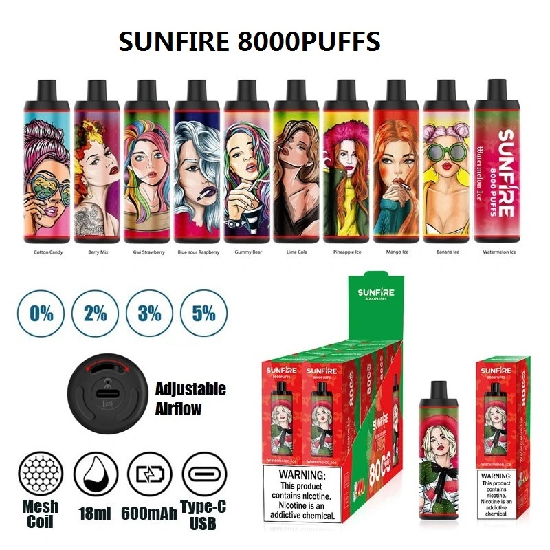 Sunfire 8000puffs Disposable E Cigarettes Pod Device Kit Rechargeable Battery 18ml Carts Prefilled Pods Vape Big Puff 8K 9K 10K 12K Vs Rnm Vapes 9000 10000 Puff