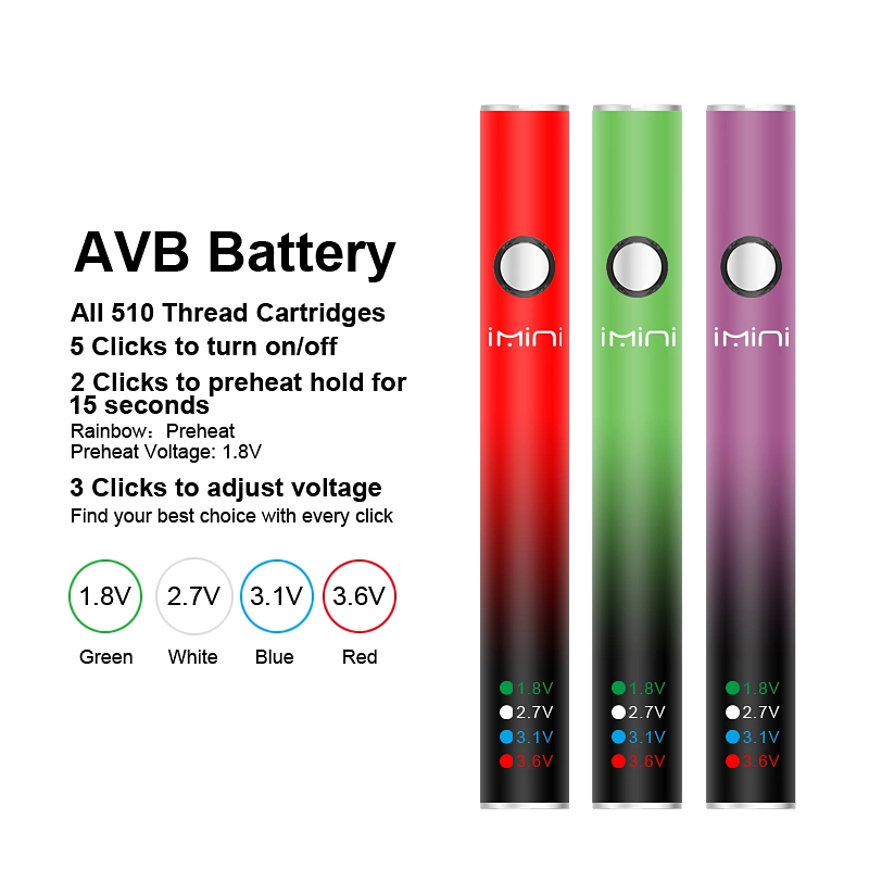 Preheating Battery Imini Avv/AVB 380mAh Variable Voltage E Cigarette 510 Thread Thick Oil Vape Cartridges 3.3-4.8V for Vapor 510 Battery