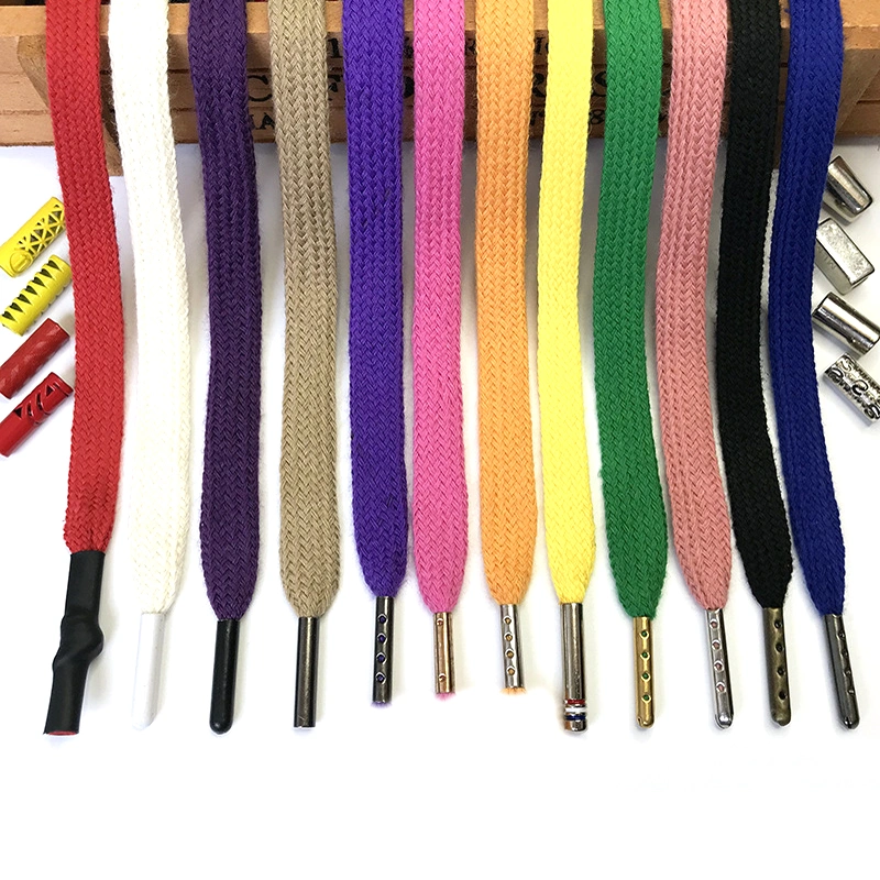 Custom 10 mm Wide 100% Cotton Tubular Hollow Beige Shoe Lace Braided Flat Shoelace Metal Tips Aglet Plastic Tips