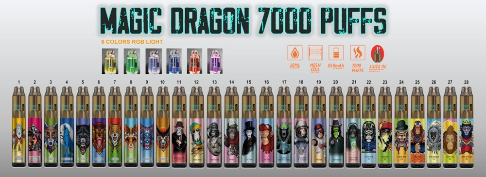 Magic Dragon Disposable Vapes 7000 Puffs Nicotine 6 Colors RGB Light Tobacco License Company