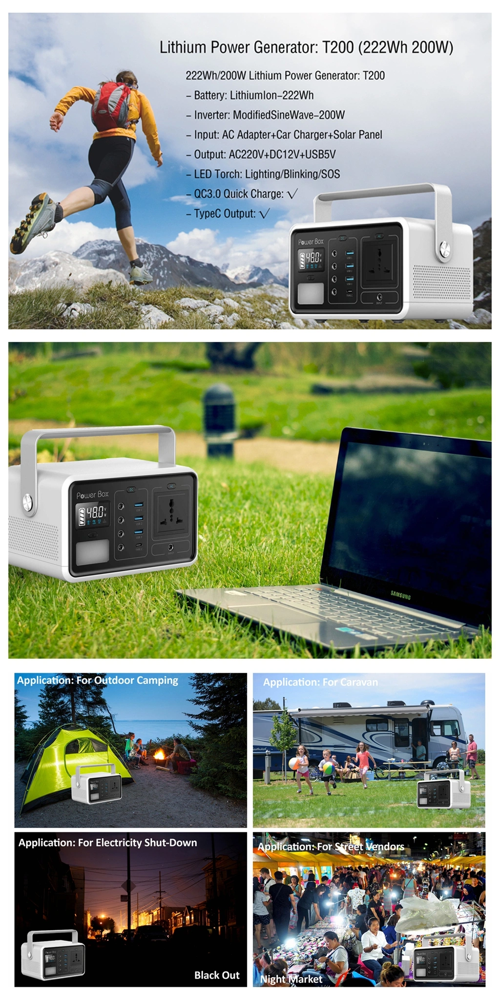 AC/DC/USB 200W 60000mAh Portable Lithium Battery Solar Energy System for Emergency Charging