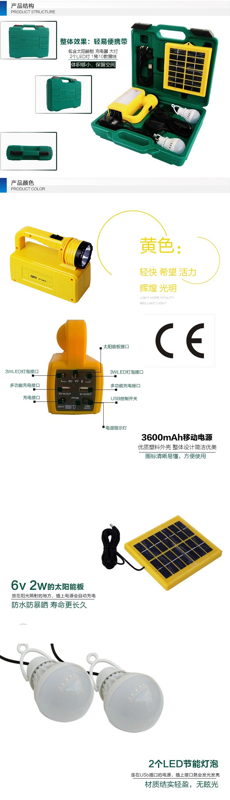 4V 10W The New System Lights with Solar Panels LED Energy-Saving Bulbs USB Cable Charging Function for The Home Market