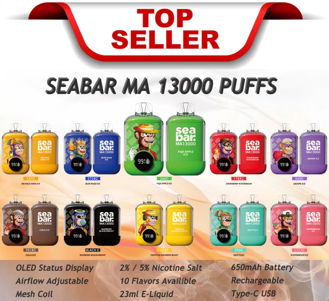 New Seabar Ma 13000 Puffs Rechargeable Electronic Cigarette Vapes Disposable Vape Mod Sea Bar 13K Puff Charging Vape