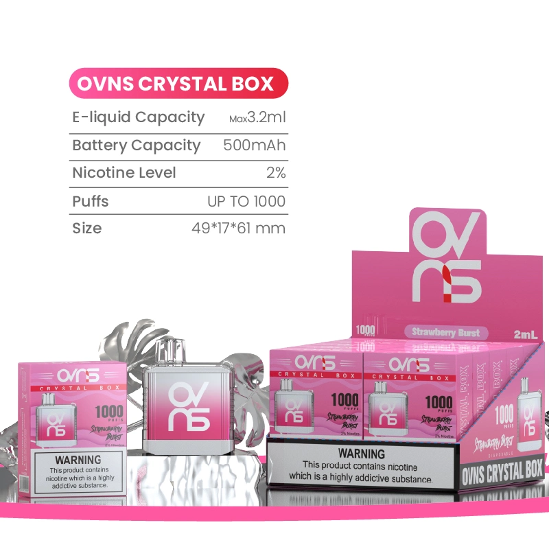 Ovns Crystal Box Bar OEM Europe 2ml 600 Puff Vape Pen Tpd Approved Max 1000 Puffs Mesh Coil Disposable Vape Box with Airflow Adjustable