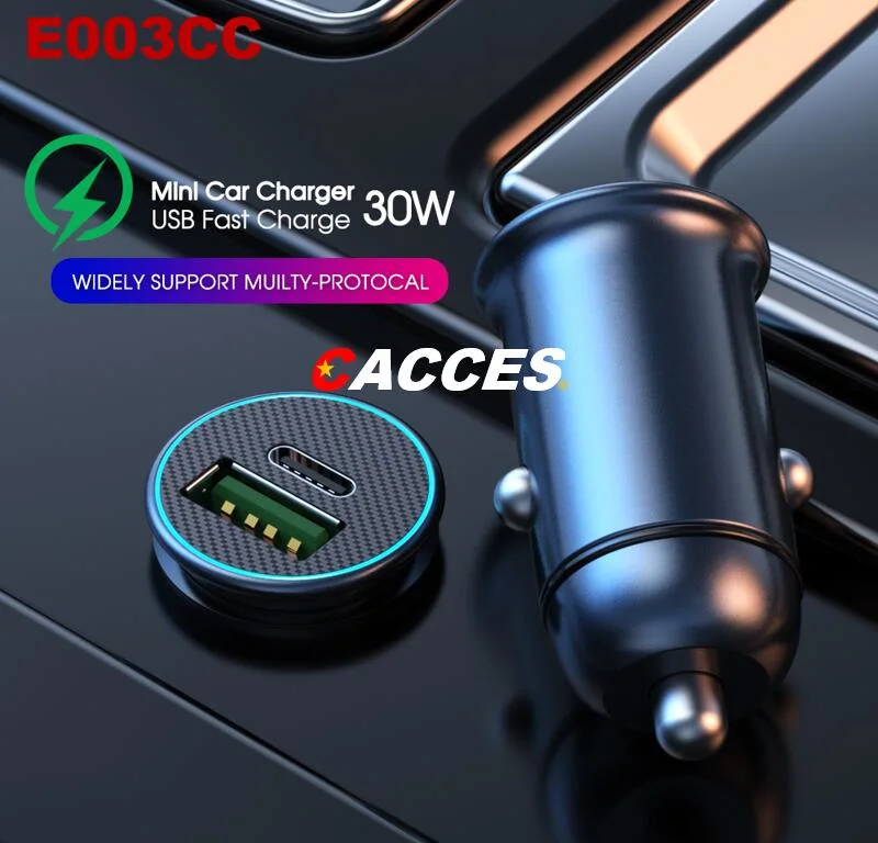Pd 60W/30W QC3.0 Rapid Charging 12-24V 4.8A Dual Mini Super USB Car Charger All Metal Mini Flush Cigarette Lighter USB Adapter Car Phone Fast Charging Socket