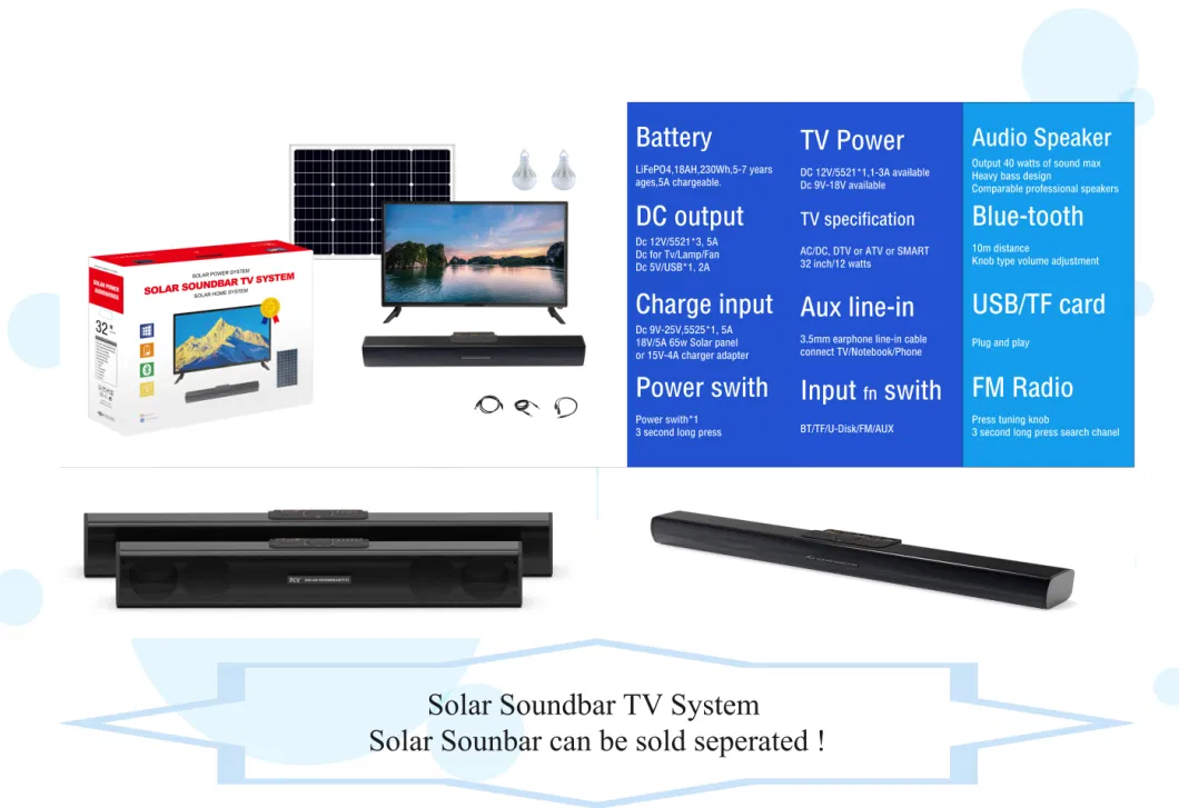 Pcv Solar Soundbar TV System Solar off-Grid System Portable Power Station for TV+Fan+Lights with USB Phone Charging Interface