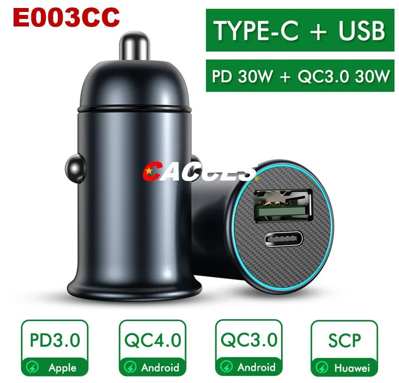 Pd 60W/30W QC3.0 Rapid Charging 12-24V 4.8A Dual Mini Super USB Car Charger All Metal Mini Flush Cigarette Lighter USB Adapter Car Phone Fast Charging Socket