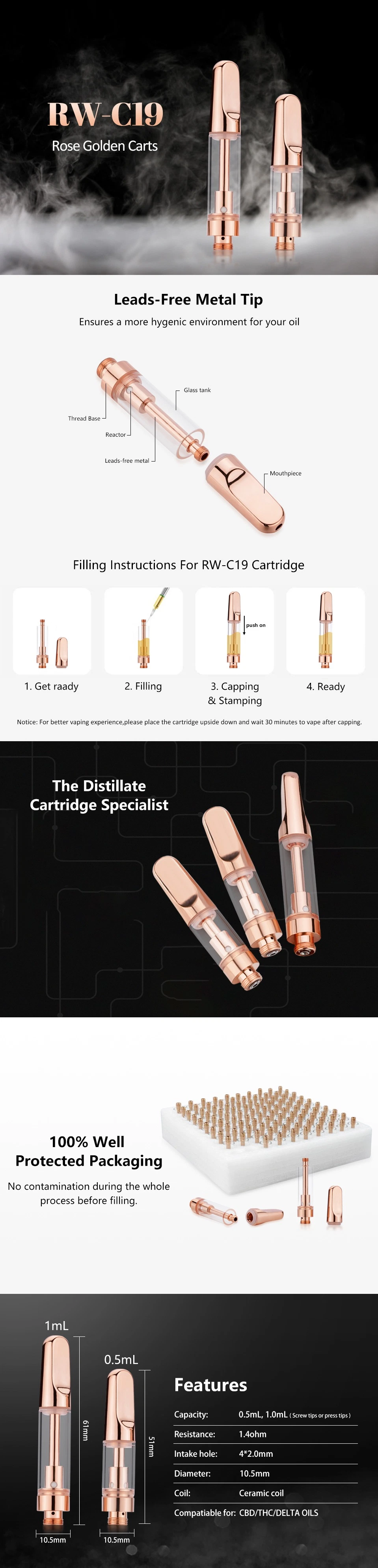 RW C19 Factory Wholesale Cookies Empty. 8ml 1.0ml CB/D Vaporizer Cartridge 510 Thread Cart Ceramic Coil D8 Vape Pen Disposable E Cig Device Thick Oil Carts