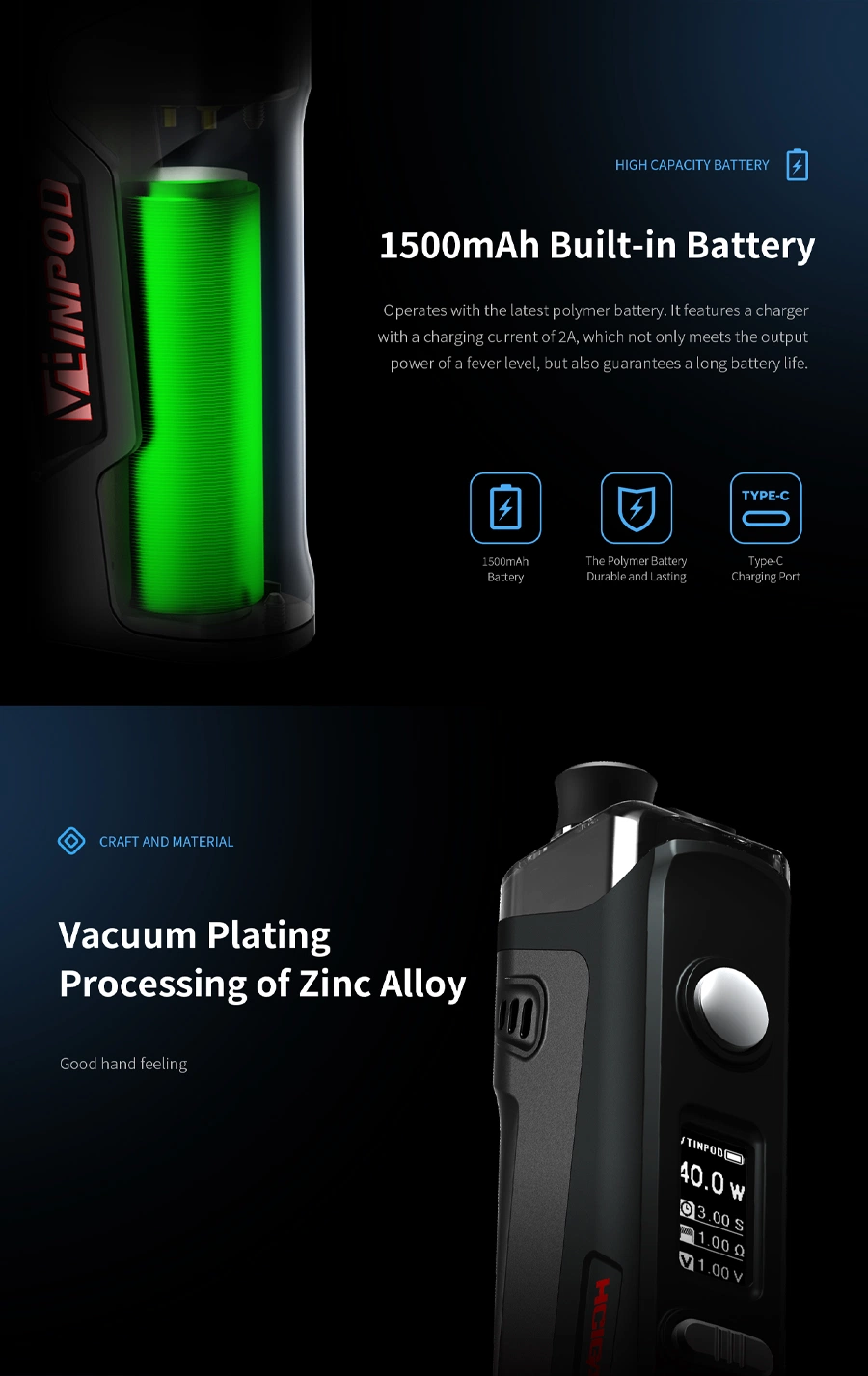 Tpd Standard Ecigs Hcigar Vtinpod 4.5ml Refillable Vape Mod with 1500mAh Battery