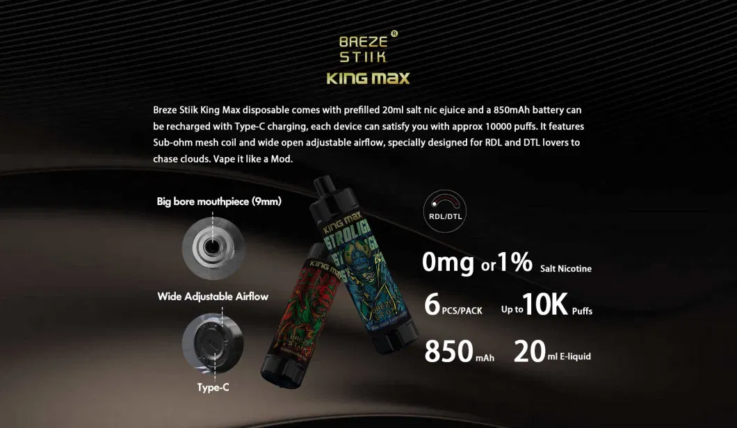 Breze Stiik King Max 10000 Puffs Disposal Vape or Electronic Cigarette 20ml Oil Juice Mesh Coil OEM ODM E Cigarette Vs Randm Tornado 10000 Vapes