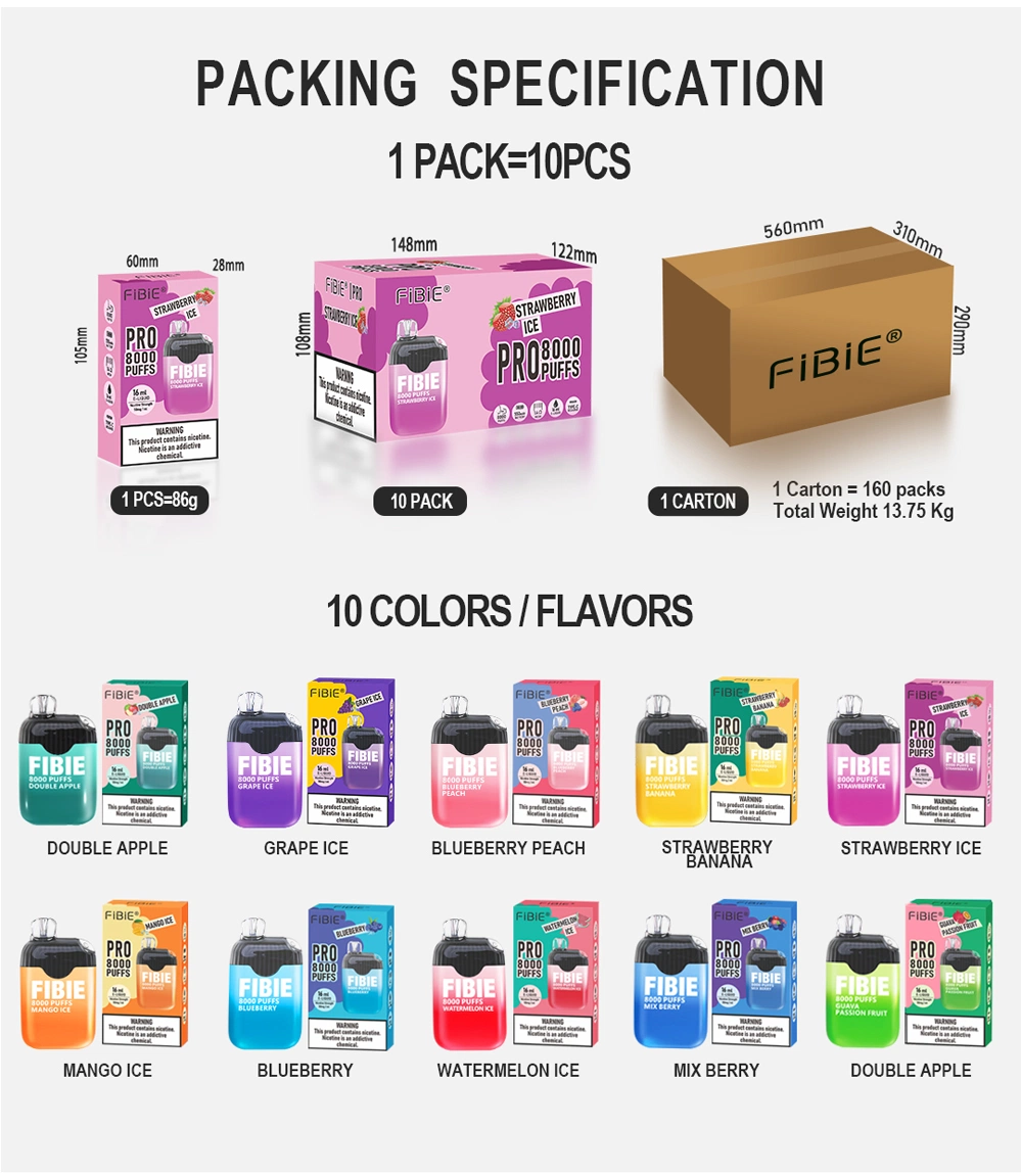 Shenzhen Fibie PRO 8000 Puffs Disposable Vapes Juice E Cigarette Original Factory OEM ODM I Vape Puff Bar 550mAh Rechargeable 16ml Wholesale I Vapers