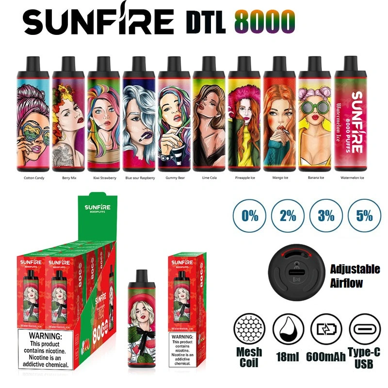 Original Sunfire 8000 Puffs Dtl Disposable Vape 18ml Prefilled 600mAh USB Recharge Adjustable