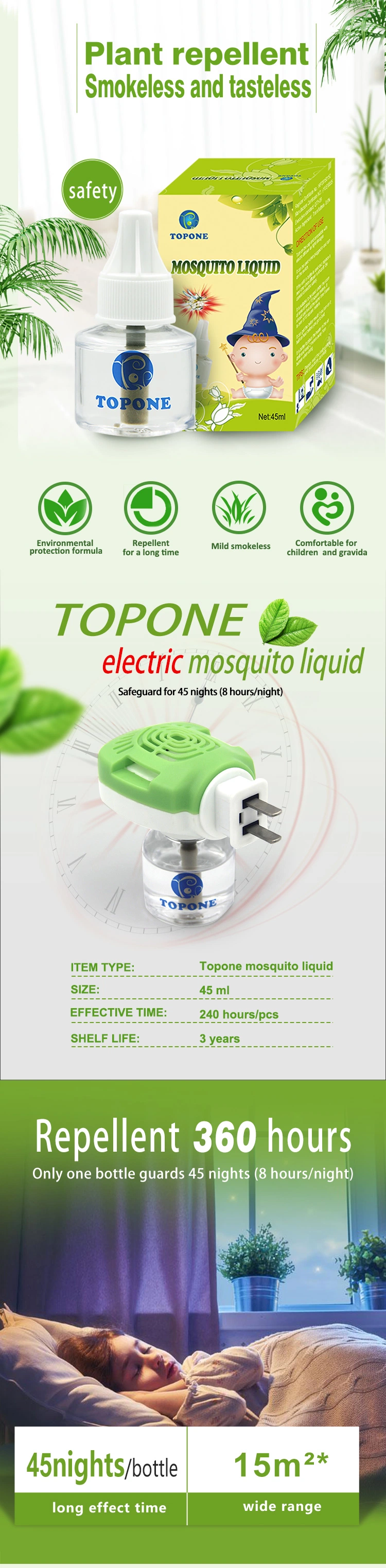 Topone OEM Pesticide 45ml Chemical Electrical Mosquito Repellent Liquid