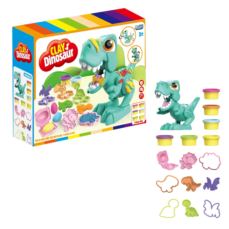 Qstoys 2022 New Funny Cute Plastic Green Tyrannosaurus Dinosaur Play Clay Set Kids Play Dough Polymer Clay Toys with 6 Color Clay and Tool Mould