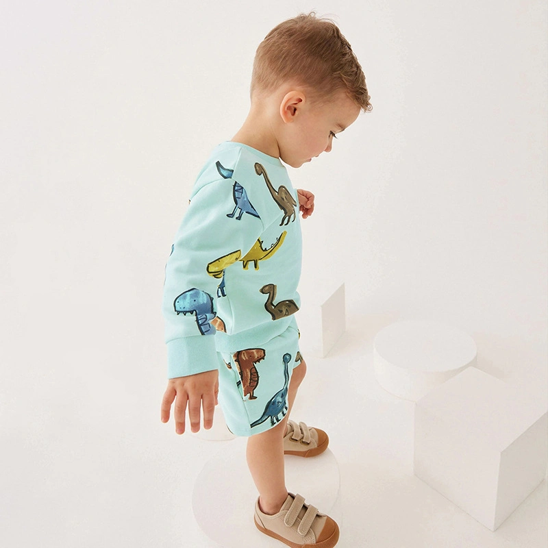 Wholesale Pure Cotton Dinosaur Printed Casual Long Sleeved Hoodie + Short Boy&prime;s Suit