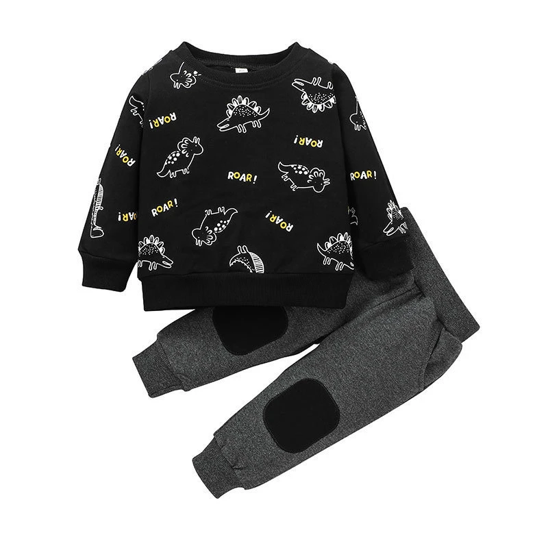 Boys Comfortable Suit Autumn New Boy European and American Long-Sleeve Cartoon Printed Dinosaur Suit